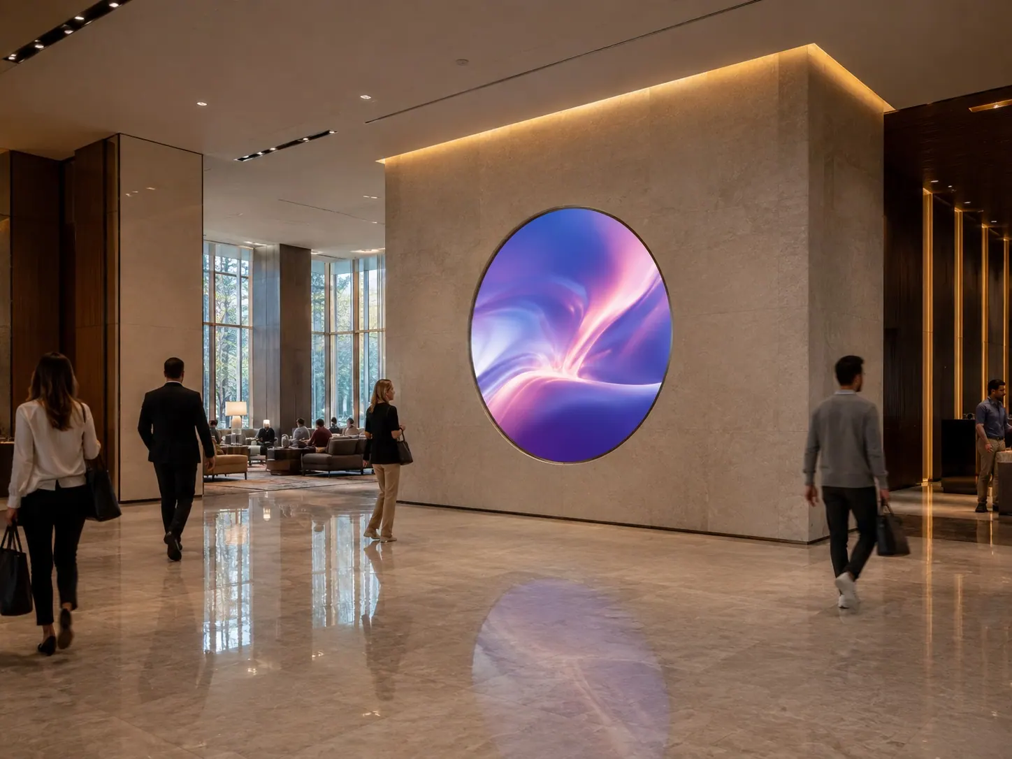 Circular LED display recessed into a lobby wall