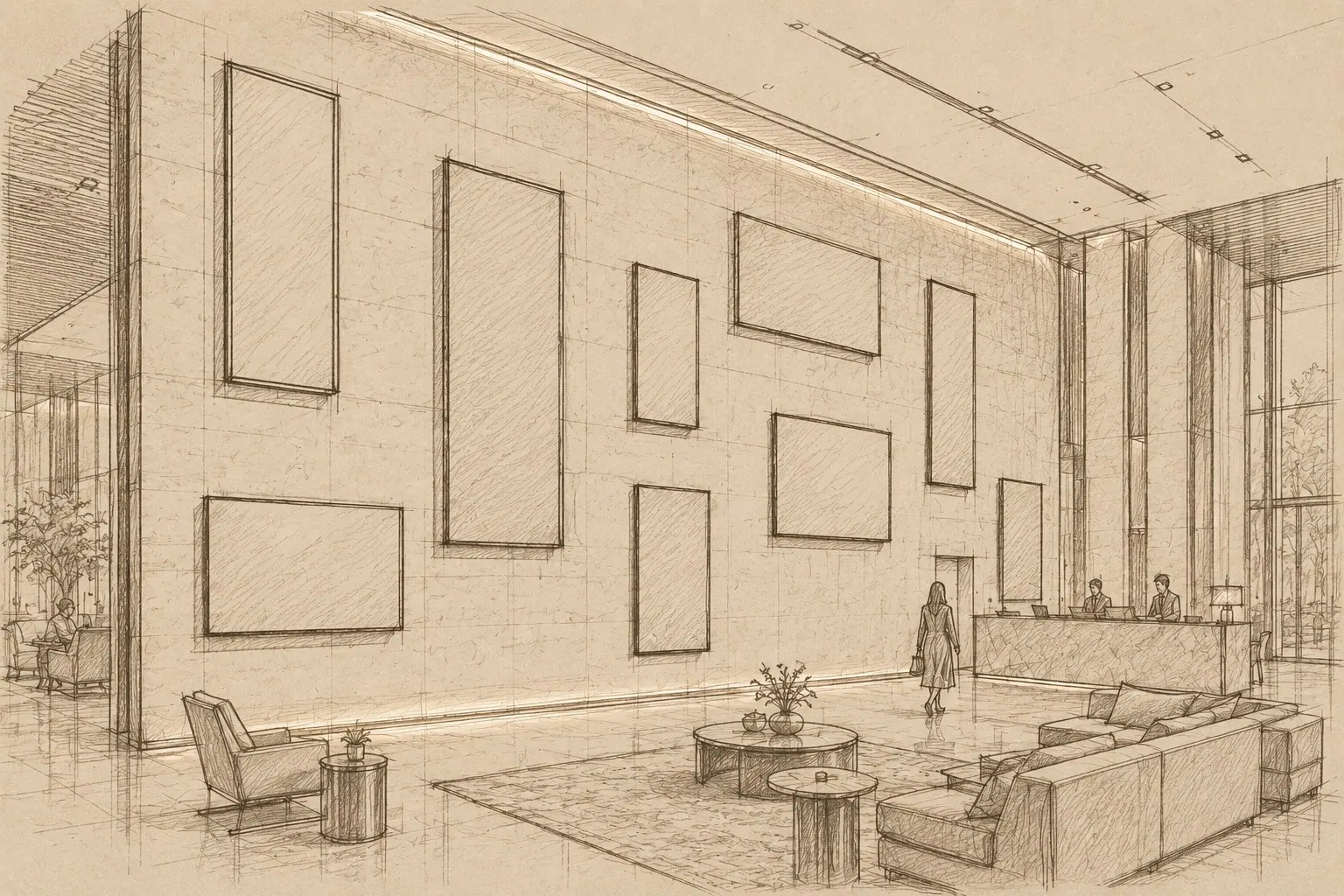 Pencil sketch of a lobby wall where an LED screen will go