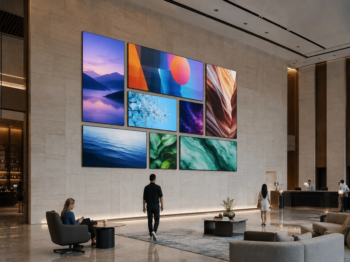 Multi-panel LED display wall in a lobby