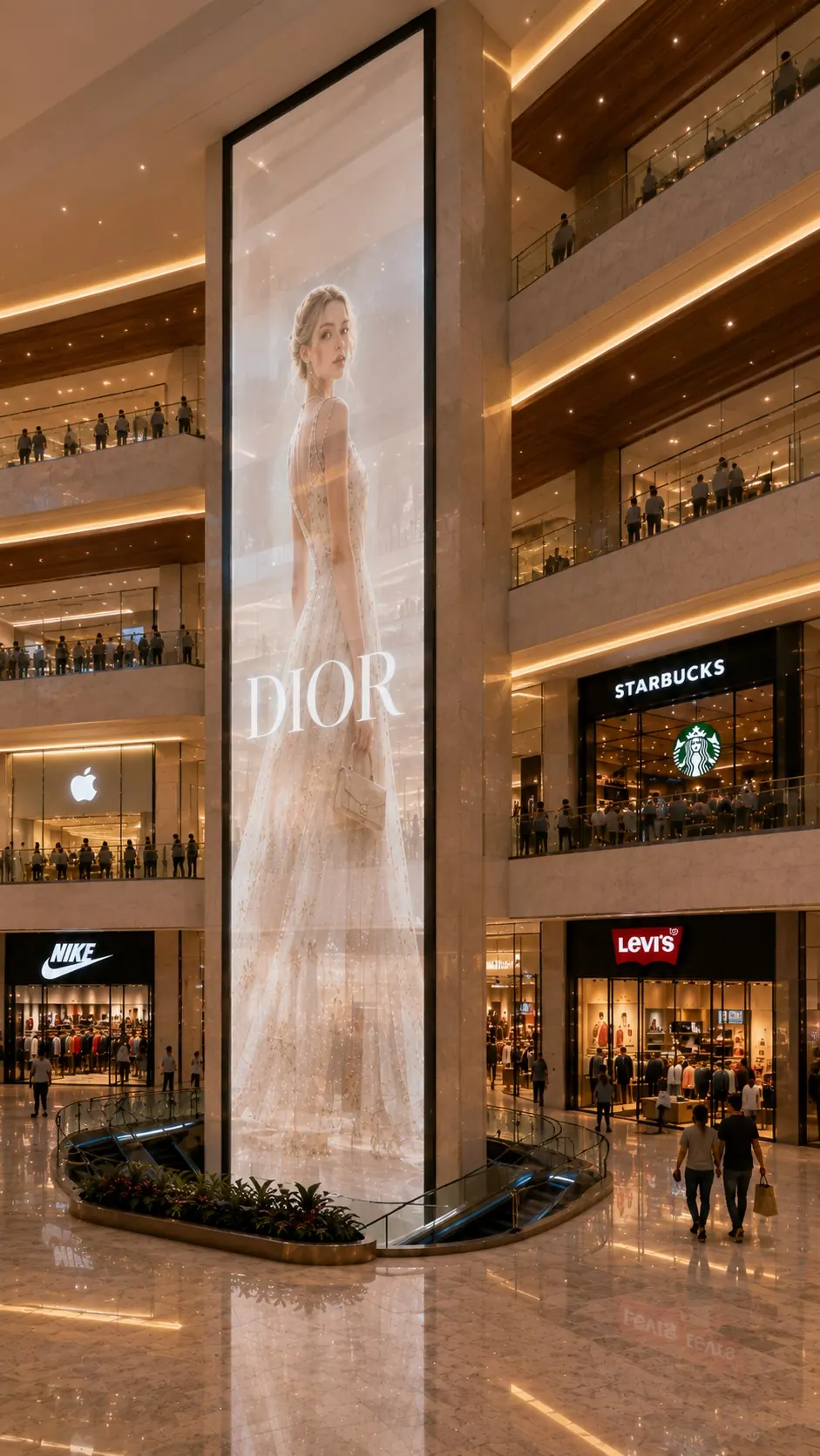 Transparent column screen in a shopping mall atrium