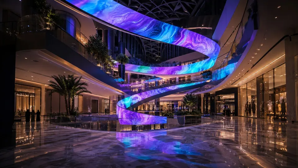 Spiral curved LED ribbon in a shopping mall atrium