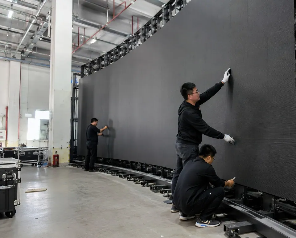 Full pre-assembly of a curved screen before shipment