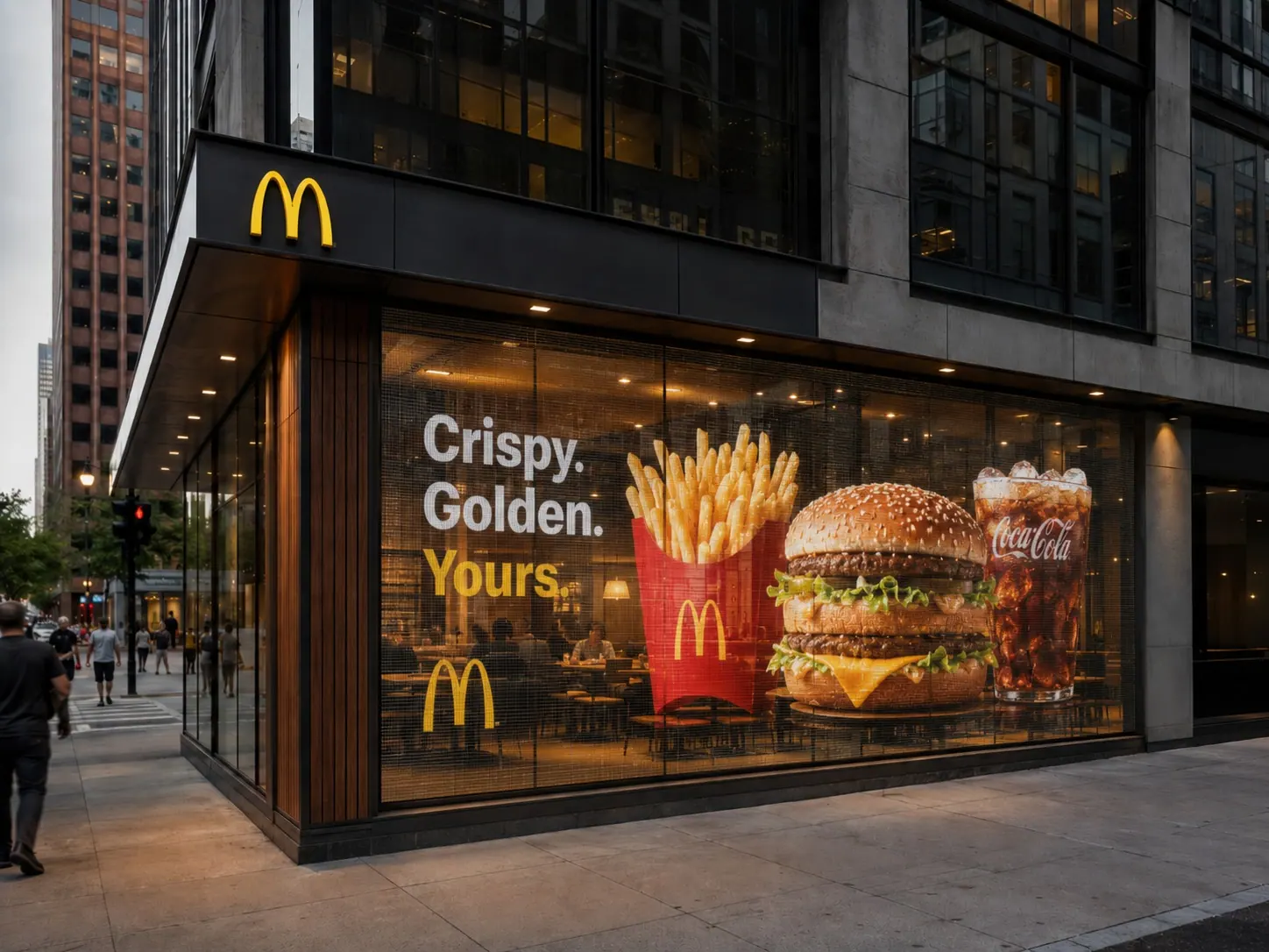 Brand campaign on a transparent storefront screen